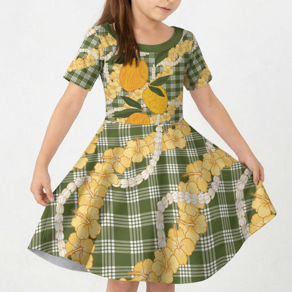 Uliuli Ahiahia Hawaiian Mango Palaka Kid Short Sleeve Dress Aloha Hibiscus Pikake Lei LT9 KID Sage Green - Polynesian Pride