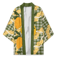 Uliuli Ahiahia Hawaiian Mango Palaka Kimono Aloha Hibiscus Pikake Lei LT9 Unisex Sage Green - Polynesian Pride