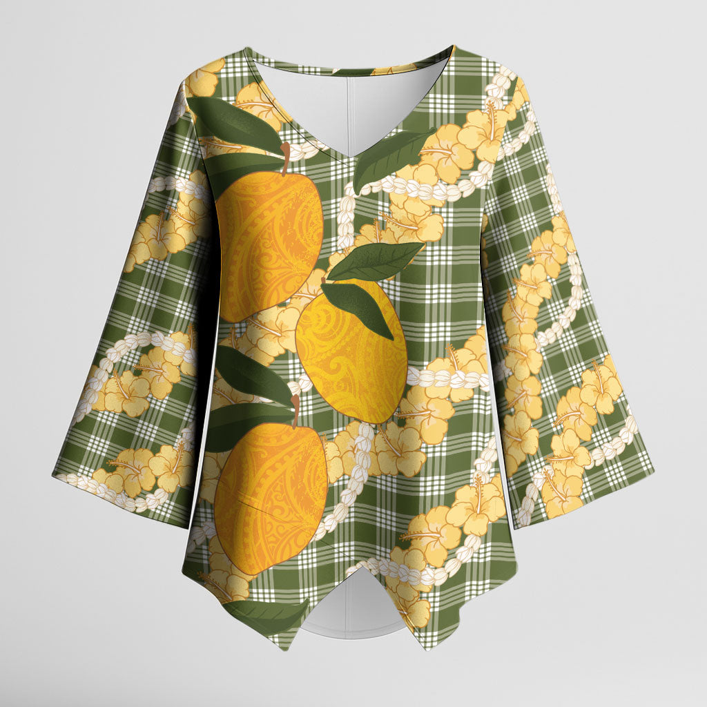 Uliuli Ahiahia Hawaiian Mango Palaka Kimono Sleeve Blouse Aloha Hibiscus Pikake Lei LT9 Female Sage Green - Polynesian Pride