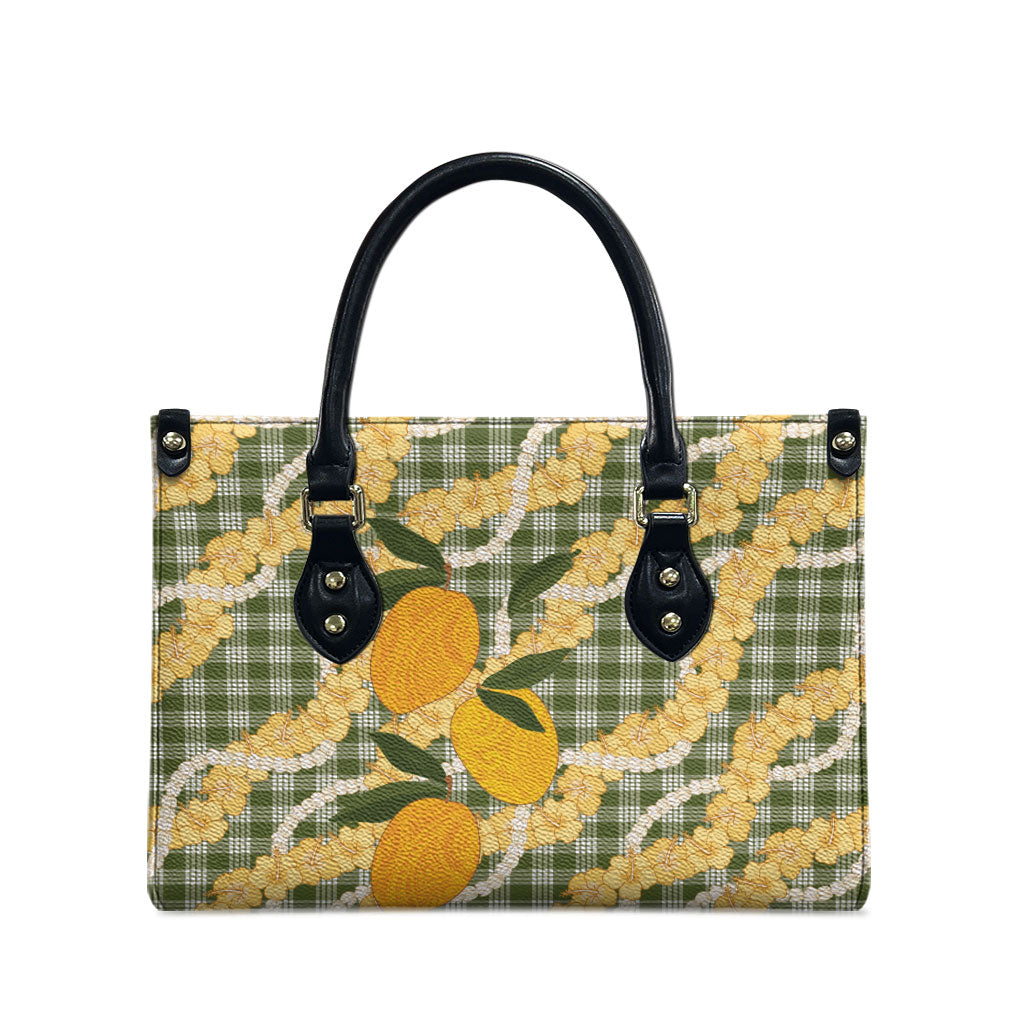 Uliuli Ahiahia Hawaiian Mango Palaka Leather Bag Aloha Hibiscus Pikake Lei LT9 - Polynesian Pride
