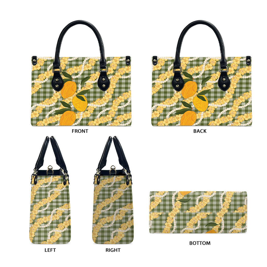 Uliuli Ahiahia Hawaiian Mango Palaka Leather Bag Aloha Hibiscus Pikake Lei LT9 - Polynesian Pride