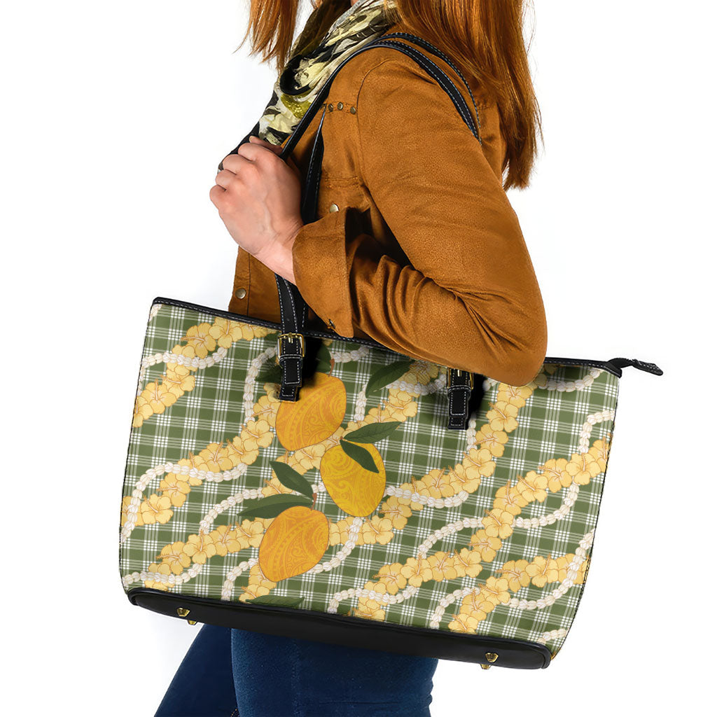 Uliuli Ahiahia Hawaiian Mango Palaka Leather Tote Bag Aloha Hibiscus Pikake Lei LT9 Sage Green - Polynesian Pride