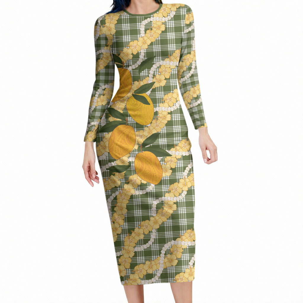 Uliuli Ahiahia Hawaiian Mango Palaka Long Sleeve Bodycon Dress Aloha Hibiscus Pikake Lei LT9 Long Dress Sage Green - Polynesian Pride