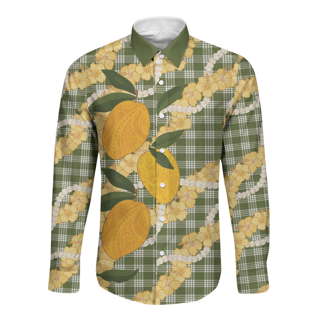Uliuli Ahiahia Hawaiian Mango Palaka Long Sleeve Button Shirt Aloha Hibiscus Pikake Lei LT9 Unisex Sage Green - Polynesian Pride