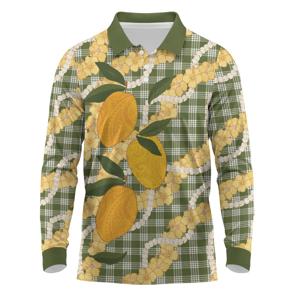 Uliuli Ahiahia Hawaiian Mango Palaka Long Sleeve Polo Shirt Aloha Hibiscus Pikake Lei LT9 Sage Green - Polynesian Pride