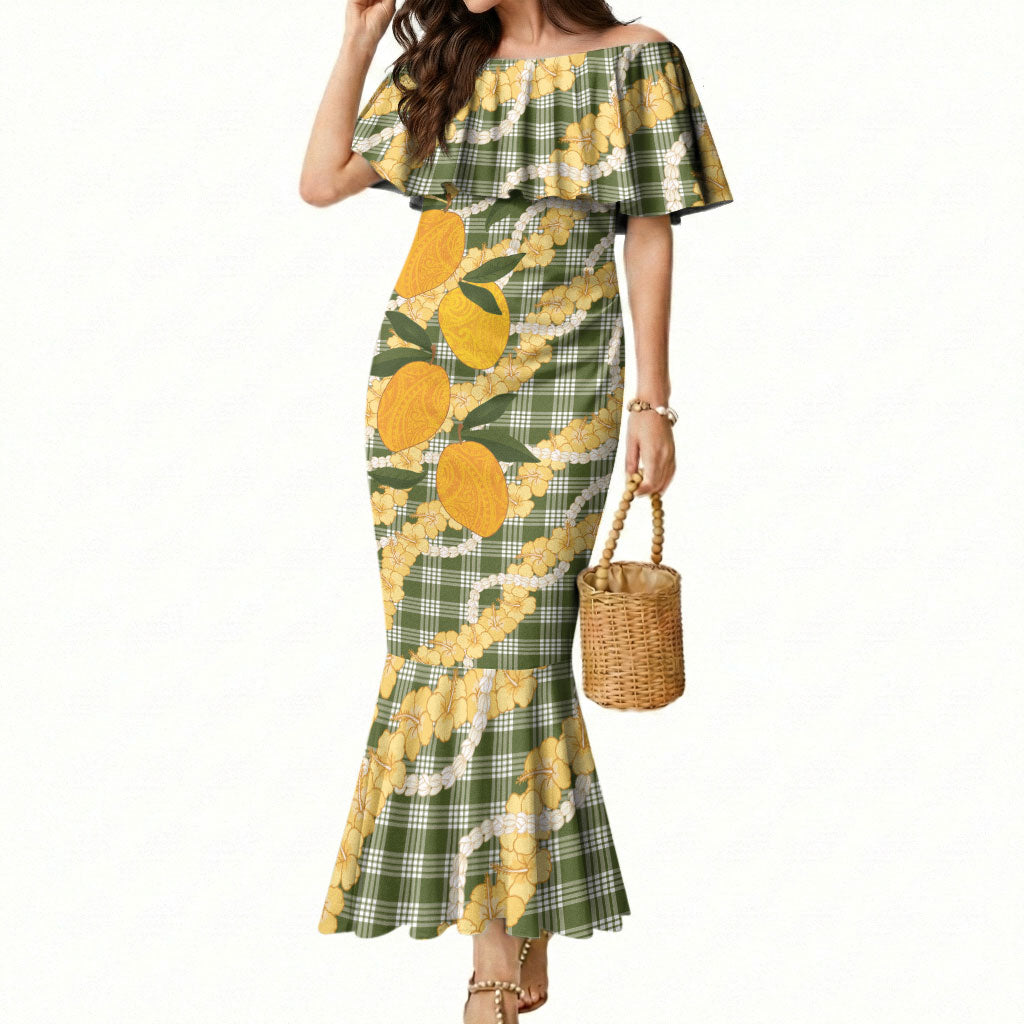 Uliuli Ahiahia Hawaiian Mango Palaka Mermaid Dress Aloha Hibiscus Pikake Lei LT9 Women Sage Green - Polynesian Pride