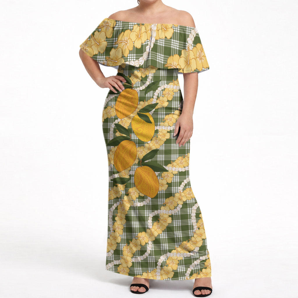 Uliuli Ahiahia Hawaiian Mango Palaka Off Shoulder Maxi Dress Aloha Hibiscus Pikake Lei LT9 Women Sage Green - Polynesian Pride