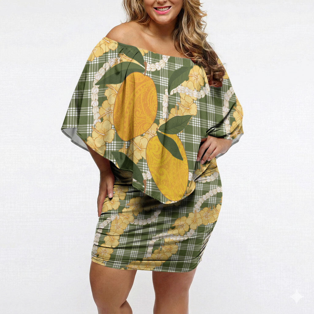 Uliuli Ahiahia Hawaiian Mango Palaka Off Shoulder Short Dress Aloha Hibiscus Pikake Lei LT9 Women Sage Green - Polynesian Pride