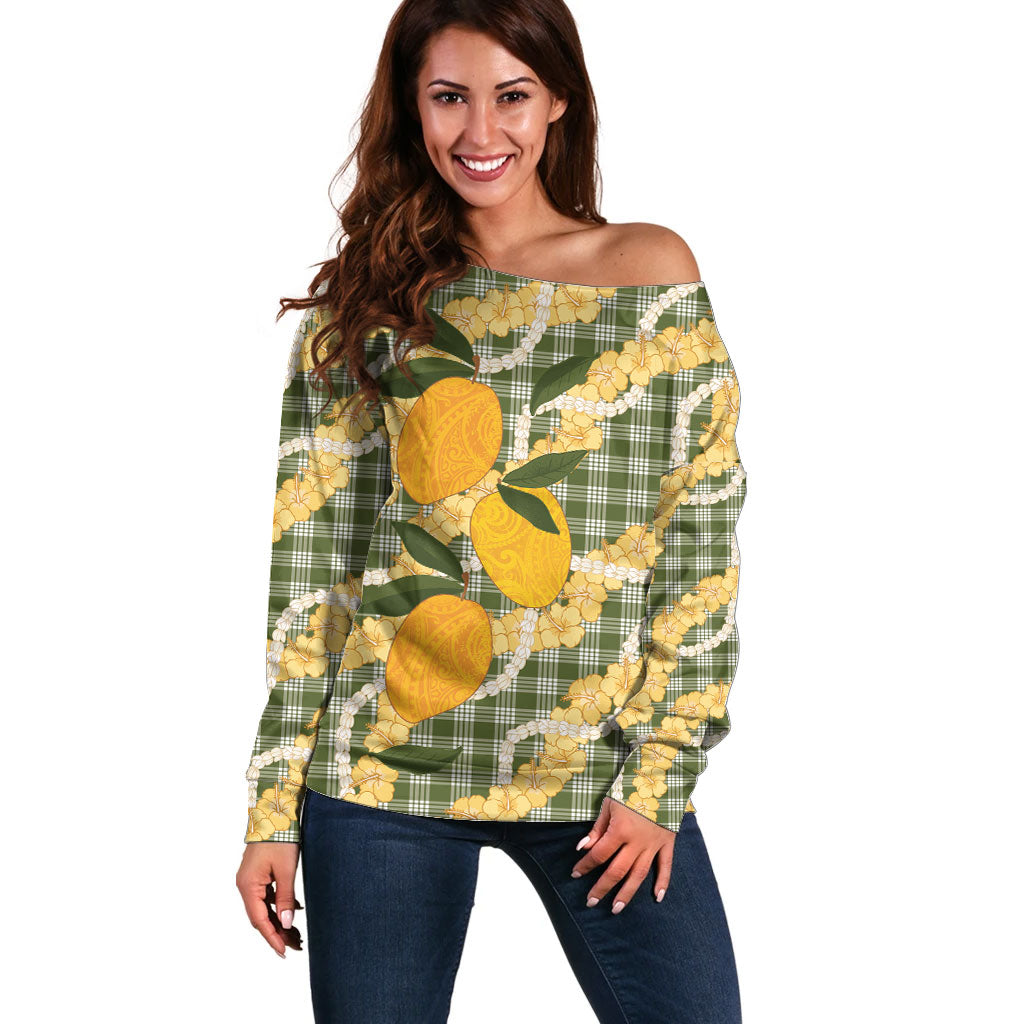 Uliuli Ahiahia Hawaiian Mango Palaka Off Shoulder Sweater Aloha Hibiscus Pikake Lei LT9 Women Sage Green - Polynesian Pride
