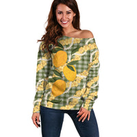 Uliuli Ahiahia Hawaiian Mango Palaka Off Shoulder Sweater Aloha Hibiscus Pikake Lei LT9 Women Sage Green - Polynesian Pride