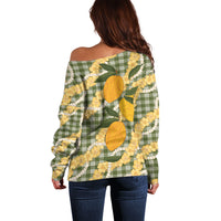 Uliuli Ahiahia Hawaiian Mango Palaka Off Shoulder Sweater Aloha Hibiscus Pikake Lei LT9 - Polynesian Pride