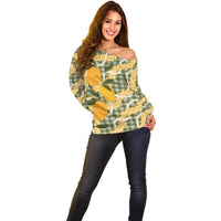 Uliuli Ahiahia Hawaiian Mango Palaka Off Shoulder Sweater Aloha Hibiscus Pikake Lei LT9 - Polynesian Pride
