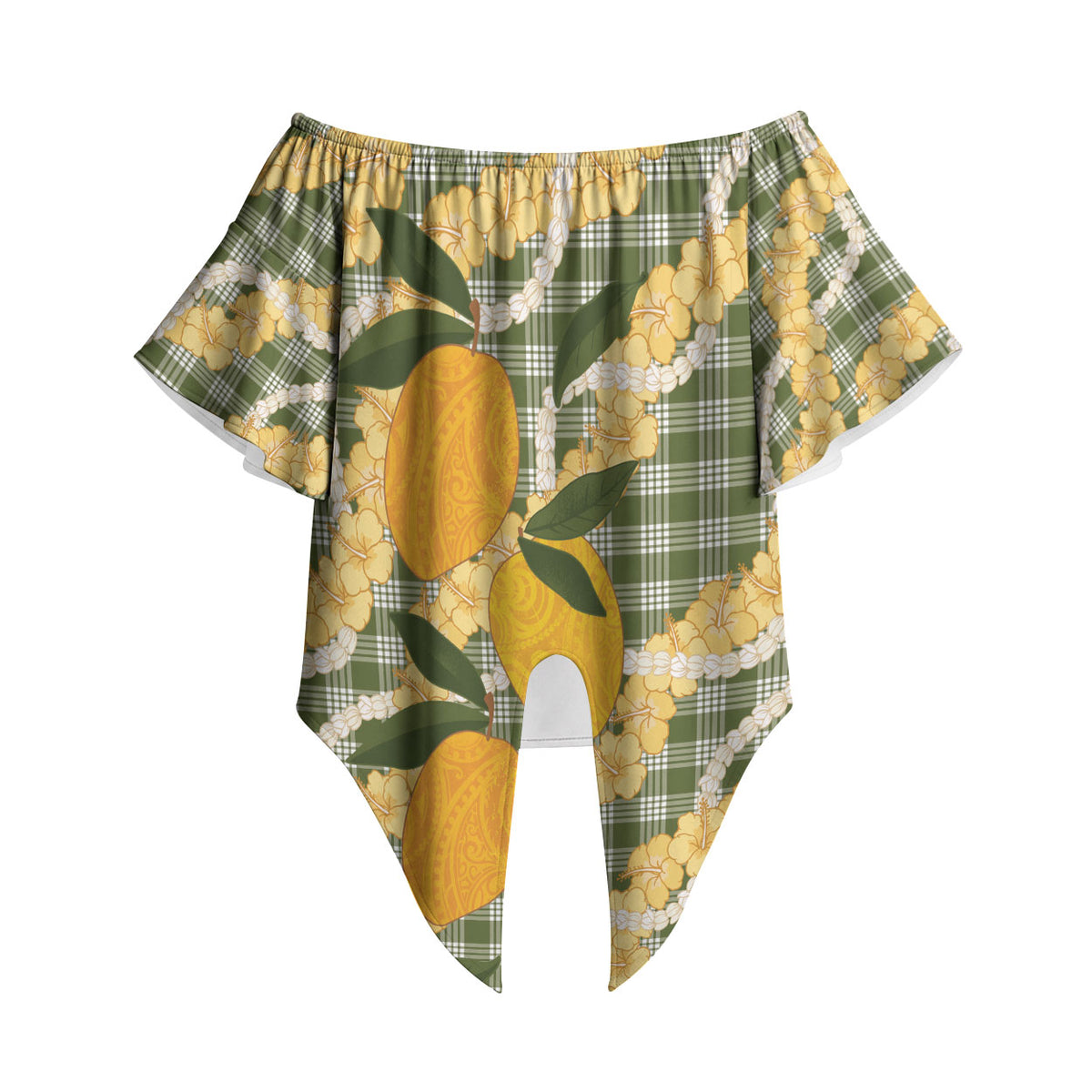 Uliuli Ahiahia Hawaiian Mango Palaka Off Shoulder Wrap Waist Top Aloha Hibiscus Pikake Lei LT9 Sage Green - Polynesian Pride