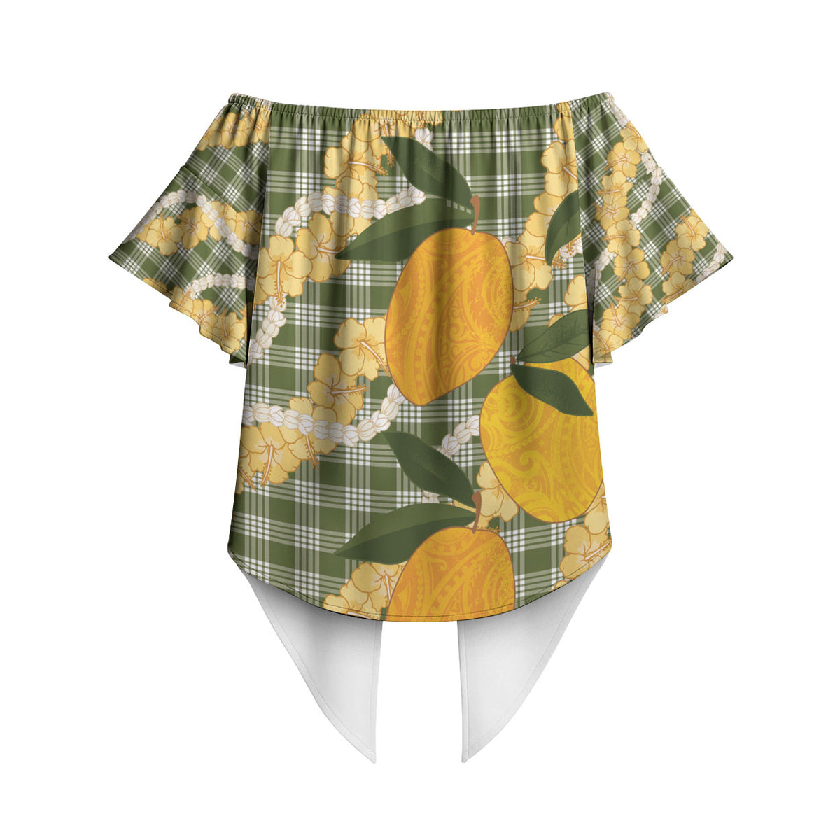 Uliuli Ahiahia Hawaiian Mango Palaka Off Shoulder Wrap Waist Top Aloha Hibiscus Pikake Lei LT9 - Polynesian Pride