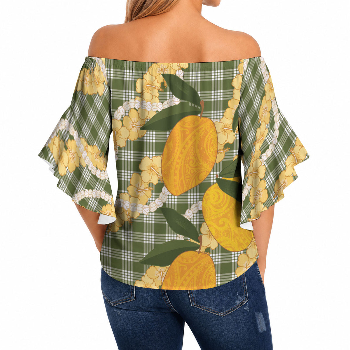 Uliuli Ahiahia Hawaiian Mango Palaka Off Shoulder Wrap Waist Top Aloha Hibiscus Pikake Lei LT9 - Polynesian Pride