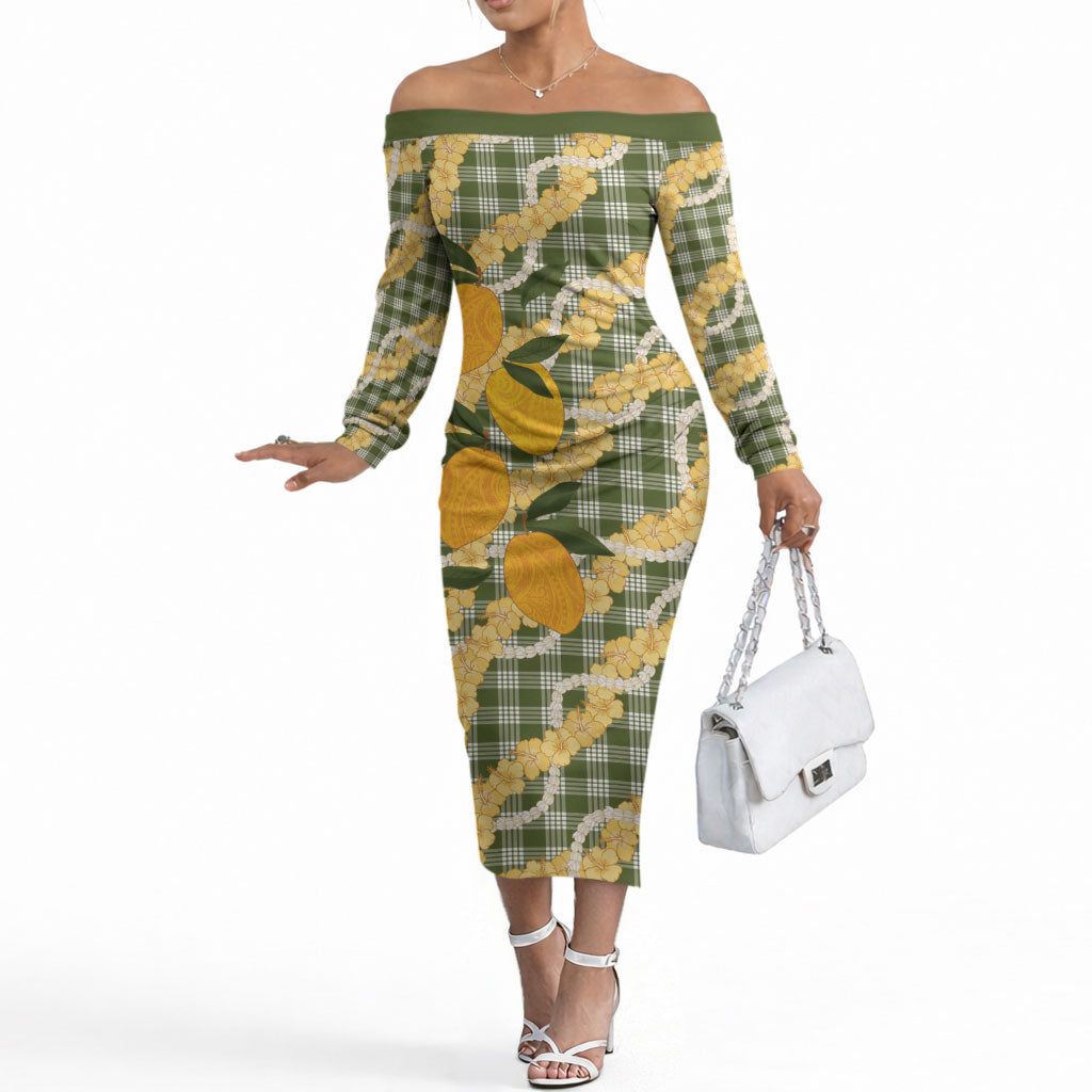 Uliuli Ahiahia Hawaiian Mango Palaka Off The Shoulder Long Sleeve Dress Aloha Hibiscus Pikake Lei LT9 Women Sage Green - Polynesian Pride