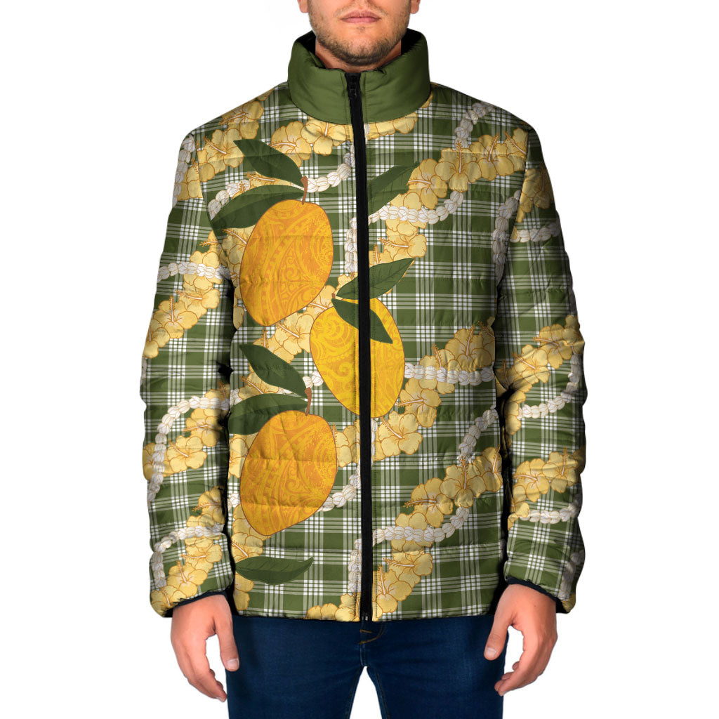 Uliuli Ahiahia Hawaiian Mango Palaka Padded Jacket Aloha Hibiscus Pikake Lei LT9 Men Sage Green - Polynesian Pride