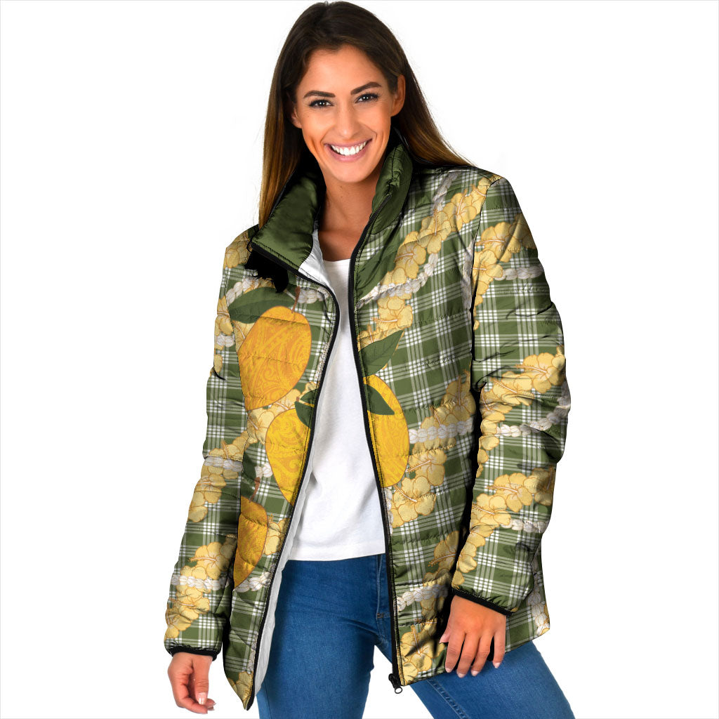 Uliuli Ahiahia Hawaiian Mango Palaka Padded Jacket Aloha Hibiscus Pikake Lei LT9 Women Sage Green - Polynesian Pride