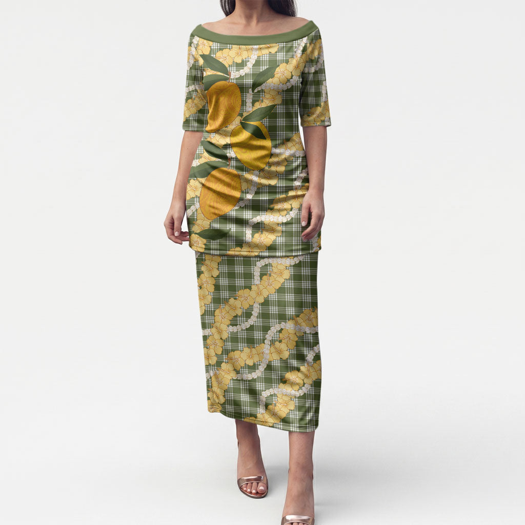 Uliuli Ahiahia Hawaiian Mango Palaka Puletasi Aloha Hibiscus Pikake Lei LT9 Long Dress Sage Green - Polynesian Pride