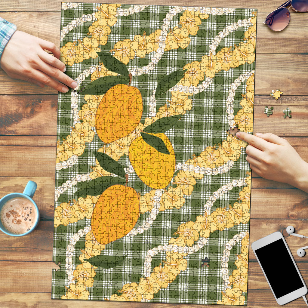 Uliuli Ahiahia Hawaiian Mango Palaka Puzzle Aloha Hibiscus Pikake Lei LT9 Sage Green - Polynesian Pride