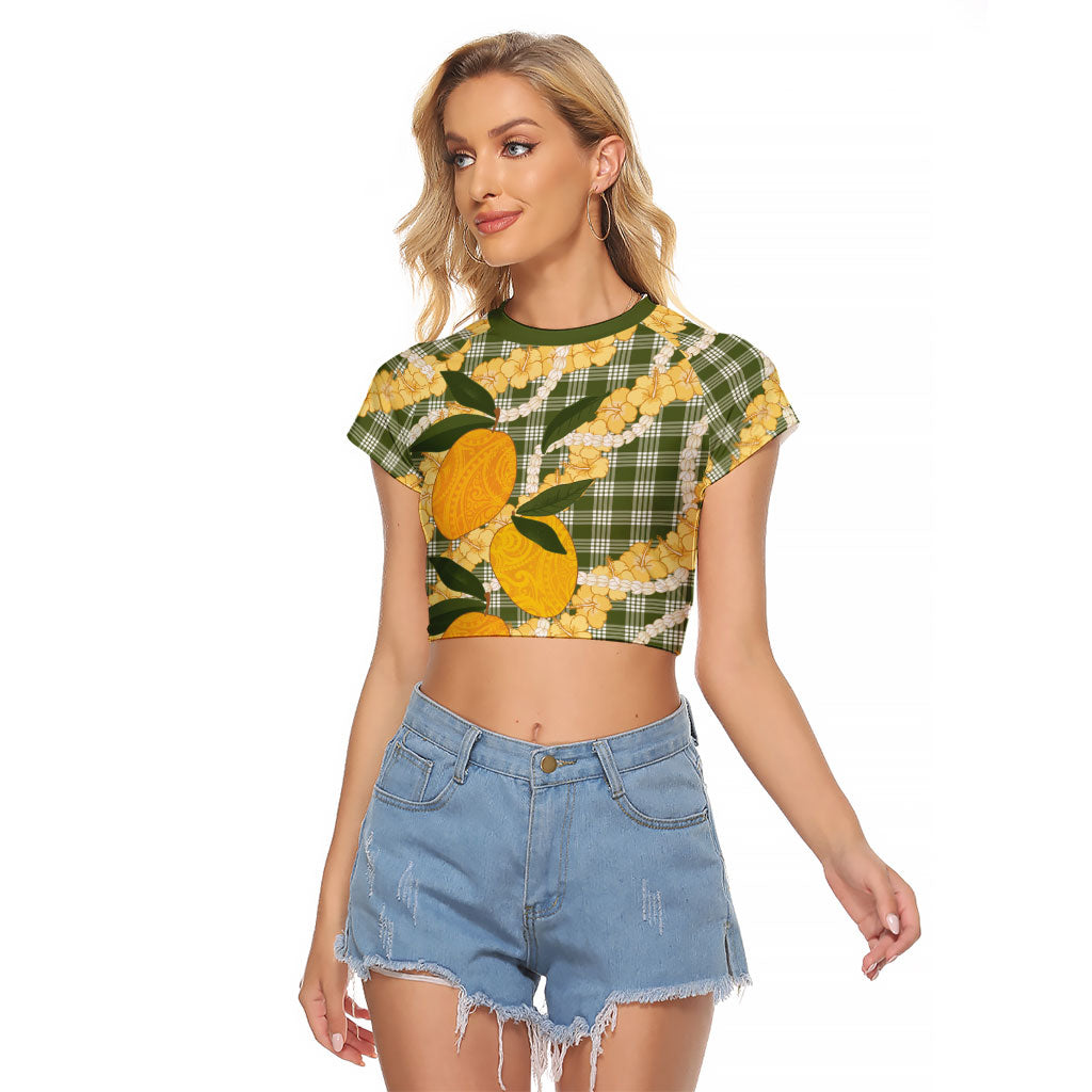 Uliuli Ahiahia Hawaiian Mango Palaka Raglan Cropped T Shirt Aloha Hibiscus Pikake Lei LT9 Female Sage Green - Polynesian Pride