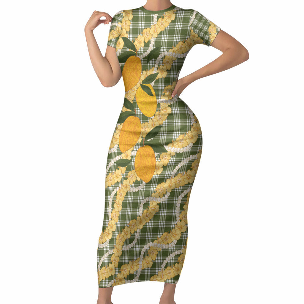 Uliuli Ahiahia Hawaiian Mango Palaka Short Sleeve Bodycon Dress Aloha Hibiscus Pikake Lei LT9 Long Dress Sage Green - Polynesian Pride