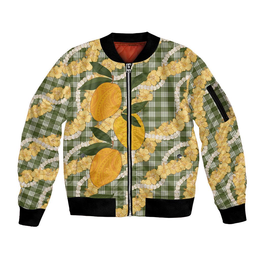 Uliuli Ahiahia Hawaiian Mango Palaka Sleeve Zip Bomber Jacket Aloha Hibiscus Pikake Lei LT9 Unisex Sage Green - Polynesian Pride