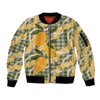 Uliuli Ahiahia Hawaiian Mango Palaka Sleeve Zip Bomber Jacket Aloha Hibiscus Pikake Lei LT9 Unisex Sage Green - Polynesian Pride
