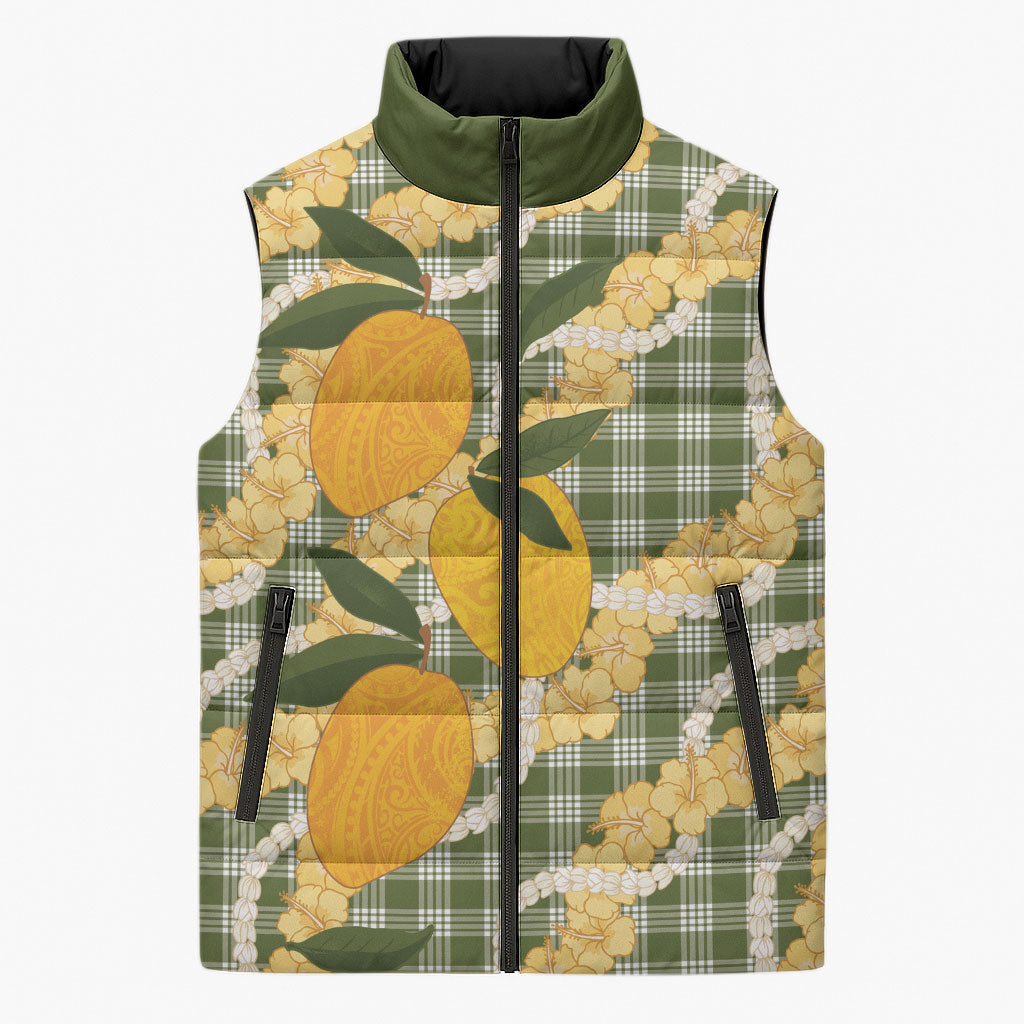 Uliuli Ahiahia Hawaiian Mango Palaka Sleeveless Puffer Jacket Aloha Hibiscus Pikake Lei LT9 Unisex Sage Green - Polynesian Pride
