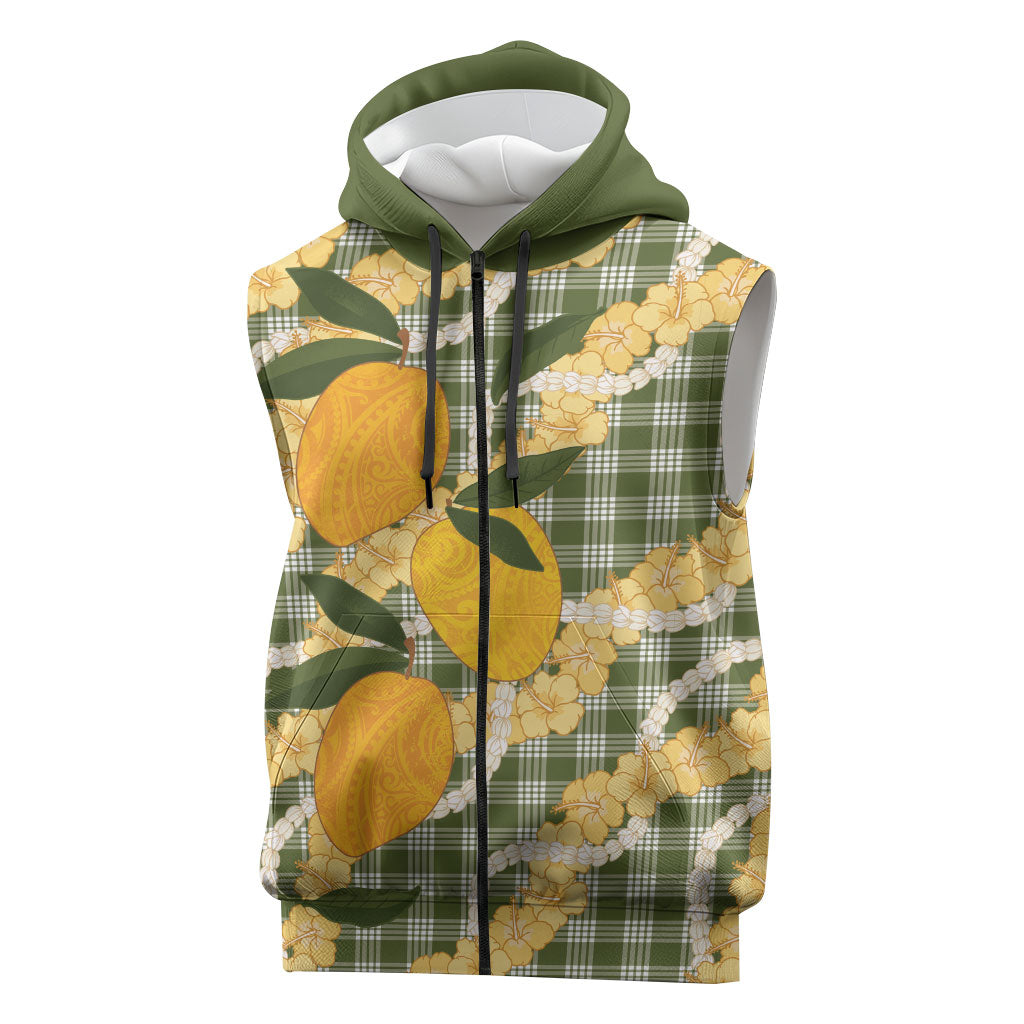 Uliuli Ahiahia Hawaiian Mango Palaka Sleeveless Zip Hoodie Aloha Hibiscus Pikake Lei LT9 Sage Green - Polynesian Pride