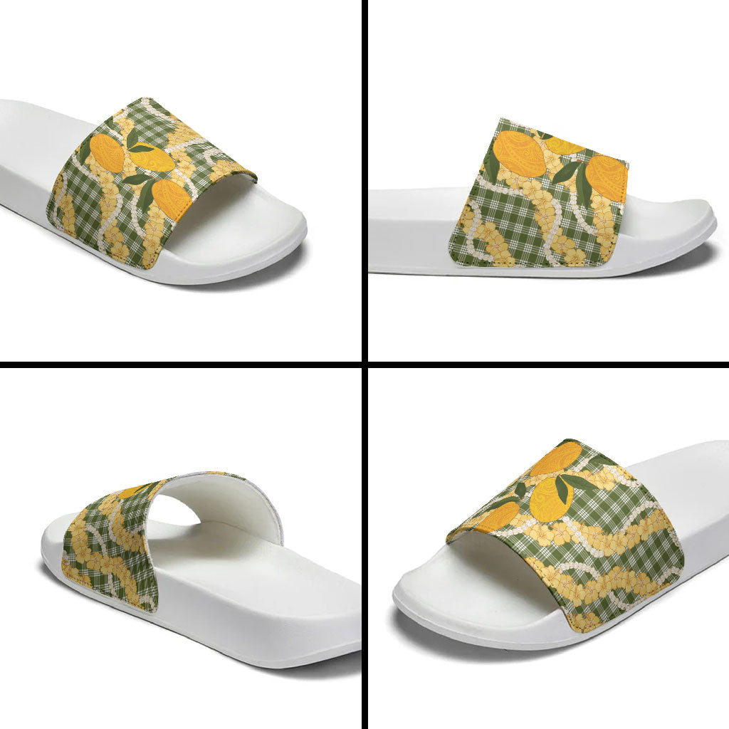 Uliuli Ahiahia Hawaiian Mango Palaka Slide Sandals Aloha Hibiscus Pikake Lei LT9 - Polynesian Pride