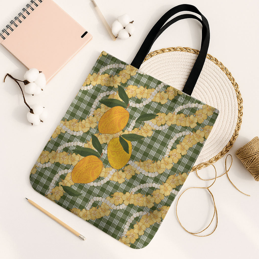 Uliuli Ahiahia Hawaiian Mango Palaka Tote Bag Aloha Hibiscus Pikake Lei LT9 Black Strap One Size Sage Green - Polynesian Pride