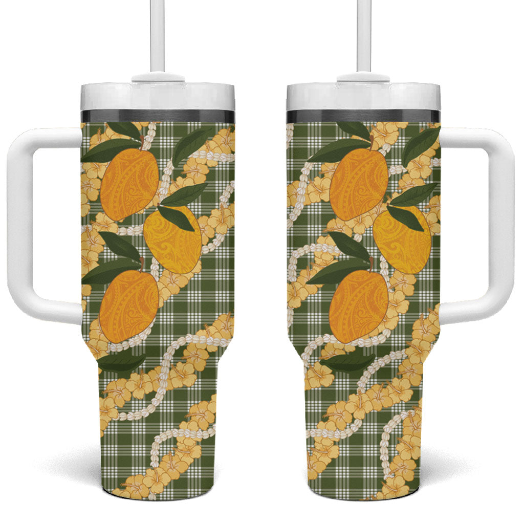 Uliuli Ahiahia Hawaiian Mango Palaka Tumbler With Handle Aloha Hibiscus Pikake Lei LT9 One Size: 40 oz Sage Green - Polynesian Pride