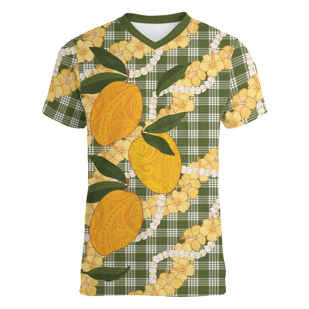 Uliuli Ahiahia Hawaiian Mango Palaka Women V-Neck T-Shirt Aloha Hibiscus Pikake Lei LT9 Female Sage Green - Polynesian Pride