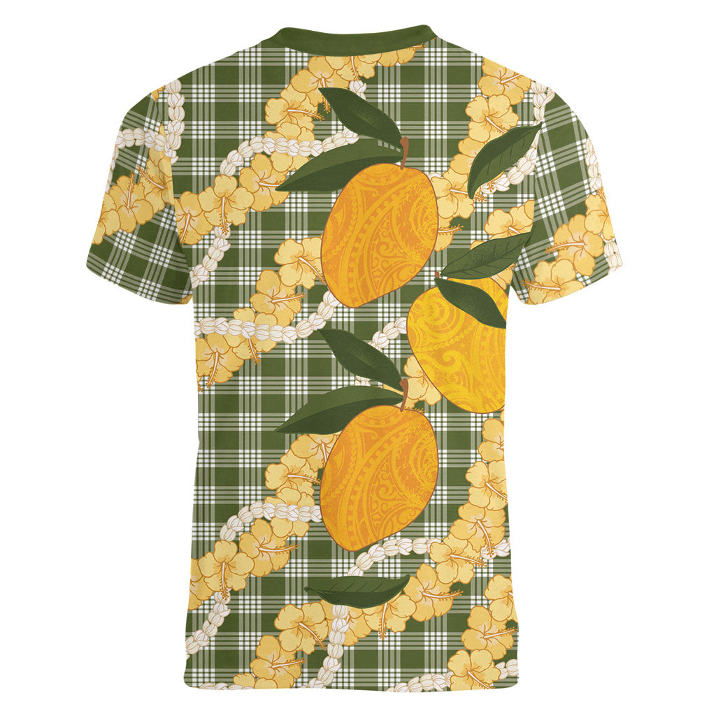 Uliuli Ahiahia Hawaiian Mango Palaka Women V-Neck T-Shirt Aloha Hibiscus Pikake Lei LT9 - Polynesian Pride