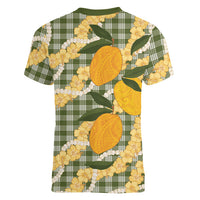 Uliuli Ahiahia Hawaiian Mango Palaka Women V-Neck T-Shirt Aloha Hibiscus Pikake Lei LT9 - Polynesian Pride