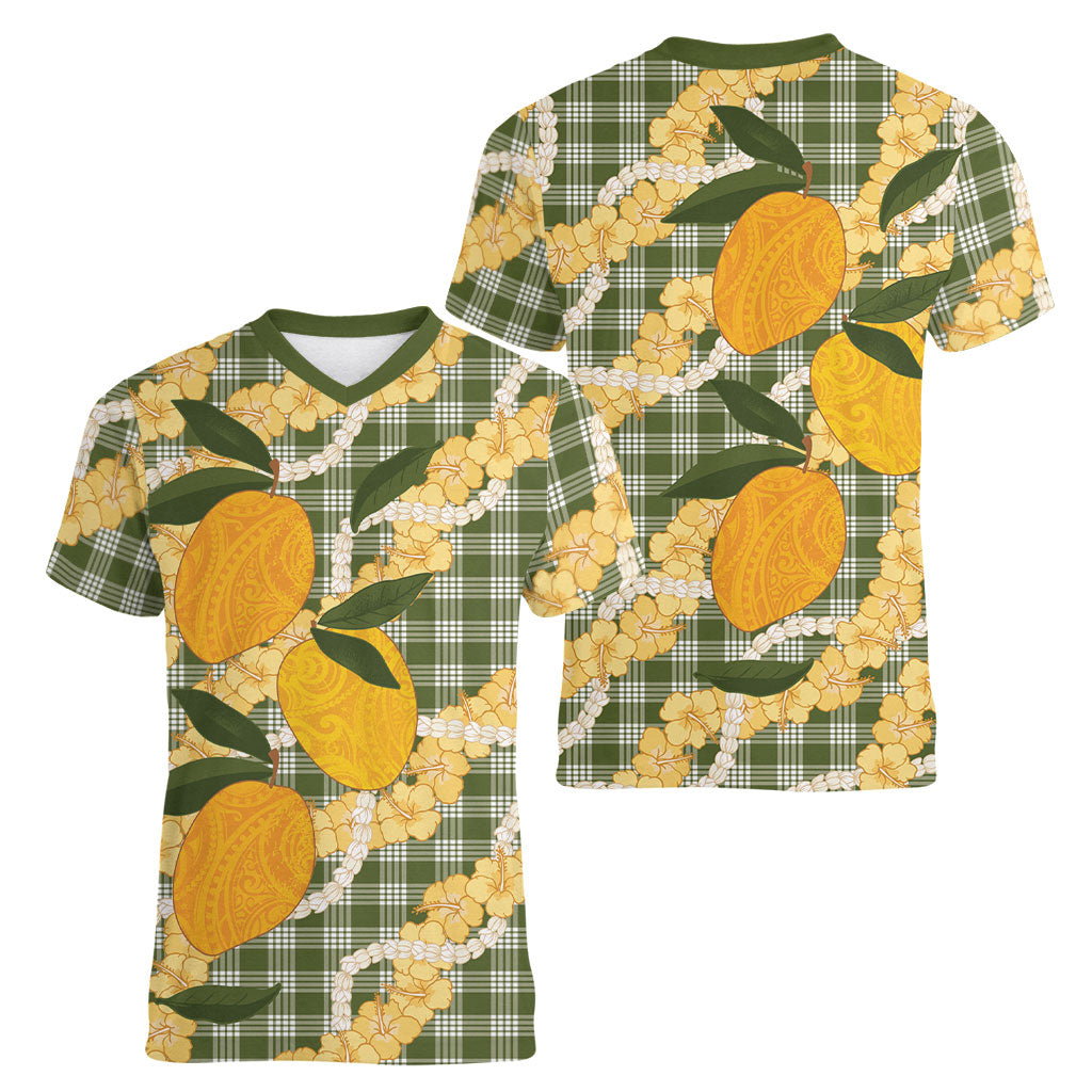 Uliuli Ahiahia Hawaiian Mango Palaka Women V-Neck T-Shirt Aloha Hibiscus Pikake Lei LT9 - Polynesian Pride