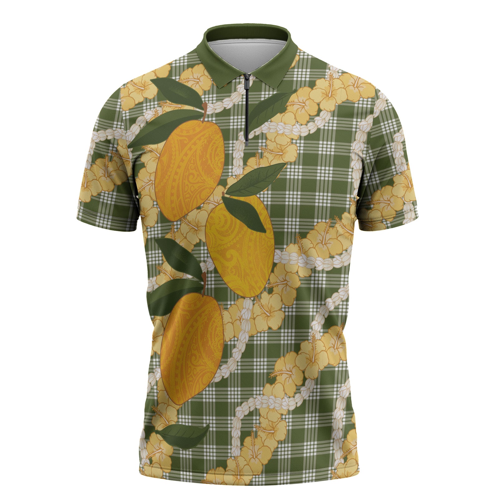 Uliuli Ahiahia Hawaiian Mango Palaka Zipper Polo Shirt Aloha Hibiscus Pikake Lei LT9 Sage Green - Polynesian Pride
