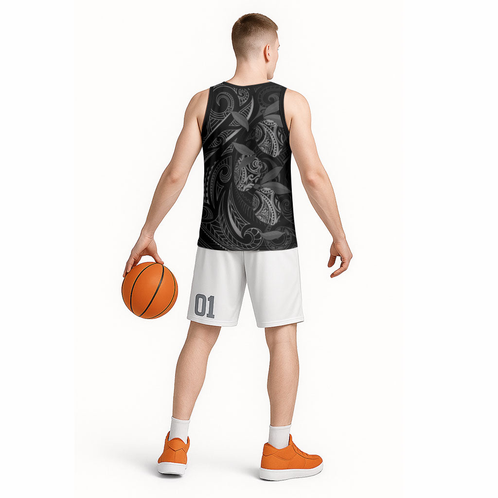 Hawaiian Mango Tribal Tattoo Basketball Jersey Black White Pacific Traditional Pattern LT9 - Polynesian Pride