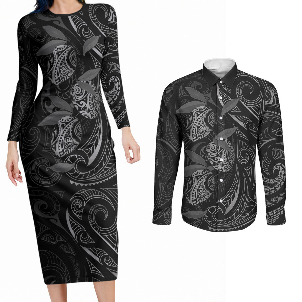 Hawaiian Mango Tribal Tattoo Couples Matching Long Sleeve Bodycon Dress and Long Sleeve Button Shirt Black White Pacific Traditional Pattern LT9 Black - Polynesian Pride