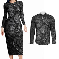 Hawaiian Mango Tribal Tattoo Couples Matching Long Sleeve Bodycon Dress and Long Sleeve Button Shirt Black White Pacific Traditional Pattern LT9 Black - Polynesian Pride