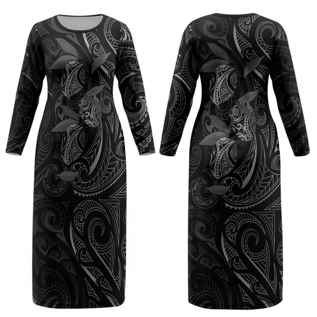 Hawaiian Mango Tribal Tattoo Couples Matching Long Sleeve Bodycon Dress and Long Sleeve Button Shirt Black White Pacific Traditional Pattern LT9 - Polynesian Pride