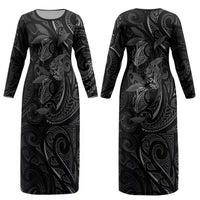 Hawaiian Mango Tribal Tattoo Couples Matching Long Sleeve Bodycon Dress and Long Sleeve Button Shirt Black White Pacific Traditional Pattern LT9 - Polynesian Pride