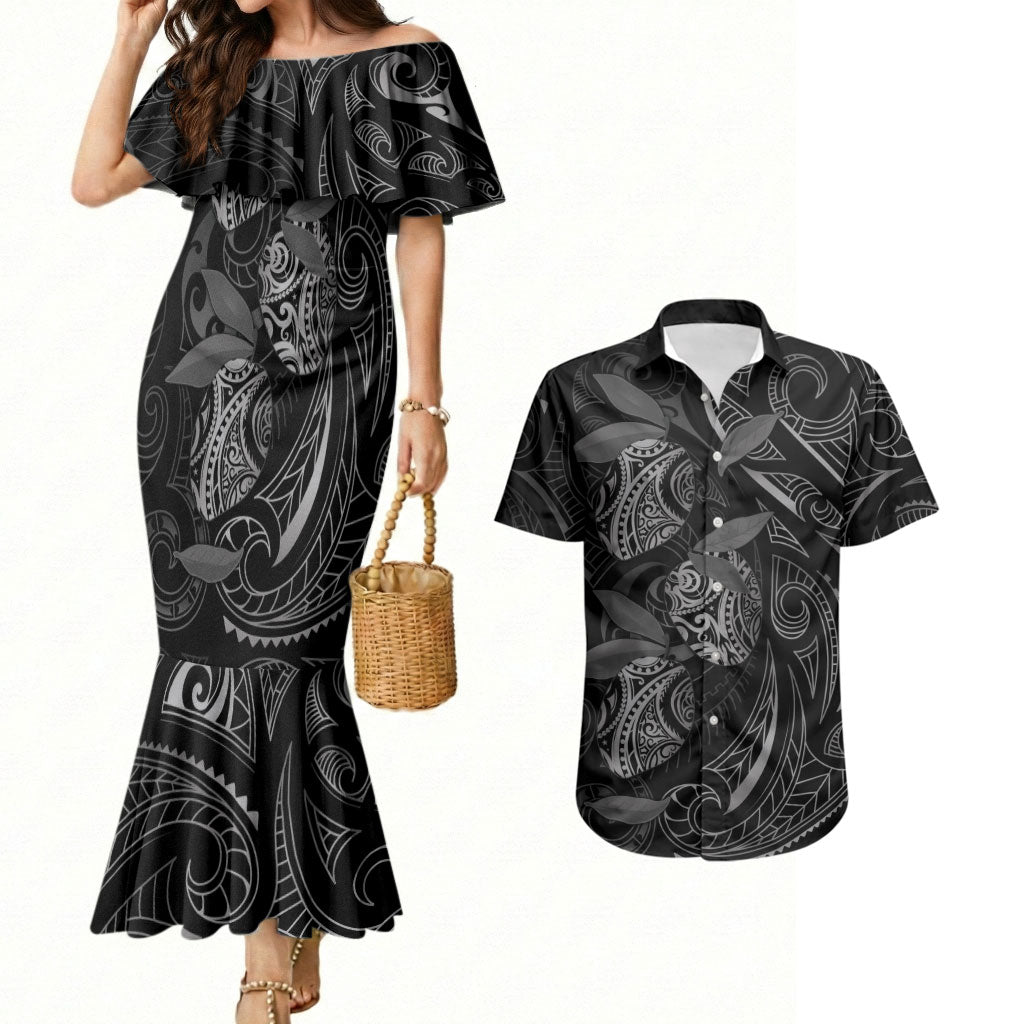 Hawaiian Mango Tribal Tattoo Couples Matching Mermaid Dress and Hawaiian Shirt Black White Pacific Traditional Pattern LT9 Black - Polynesian Pride
