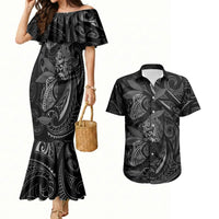 Hawaiian Mango Tribal Tattoo Couples Matching Mermaid Dress and Hawaiian Shirt Black White Pacific Traditional Pattern LT9 Black - Polynesian Pride