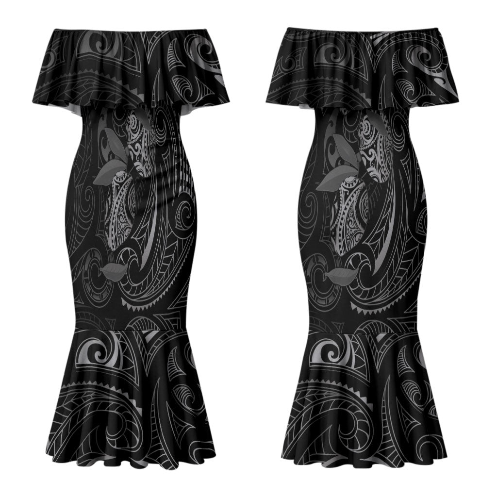 Hawaiian Mango Tribal Tattoo Couples Matching Mermaid Dress and Hawaiian Shirt Black White Pacific Traditional Pattern LT9 - Polynesian Pride