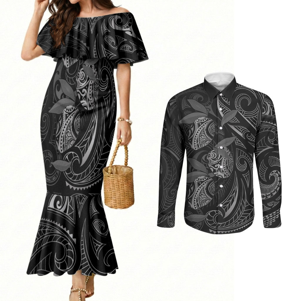 Hawaiian Mango Tribal Tattoo Couples Matching Mermaid Dress and Long Sleeve Button Shirt Black White Pacific Traditional Pattern LT9 Black - Polynesian Pride