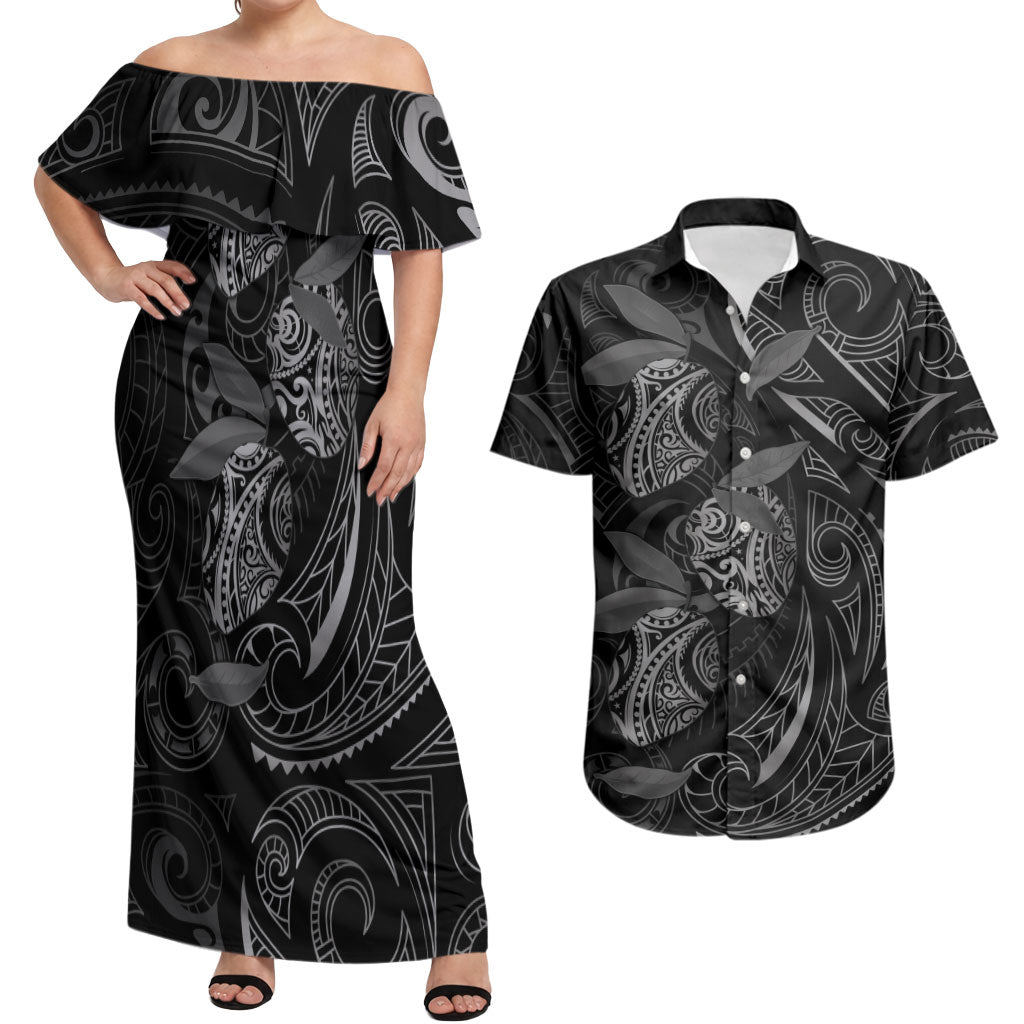 Hawaiian Mango Tribal Tattoo Couples Matching Off Shoulder Maxi Dress and Hawaiian Shirt Black White Pacific Traditional Pattern LT9 Black - Polynesian Pride
