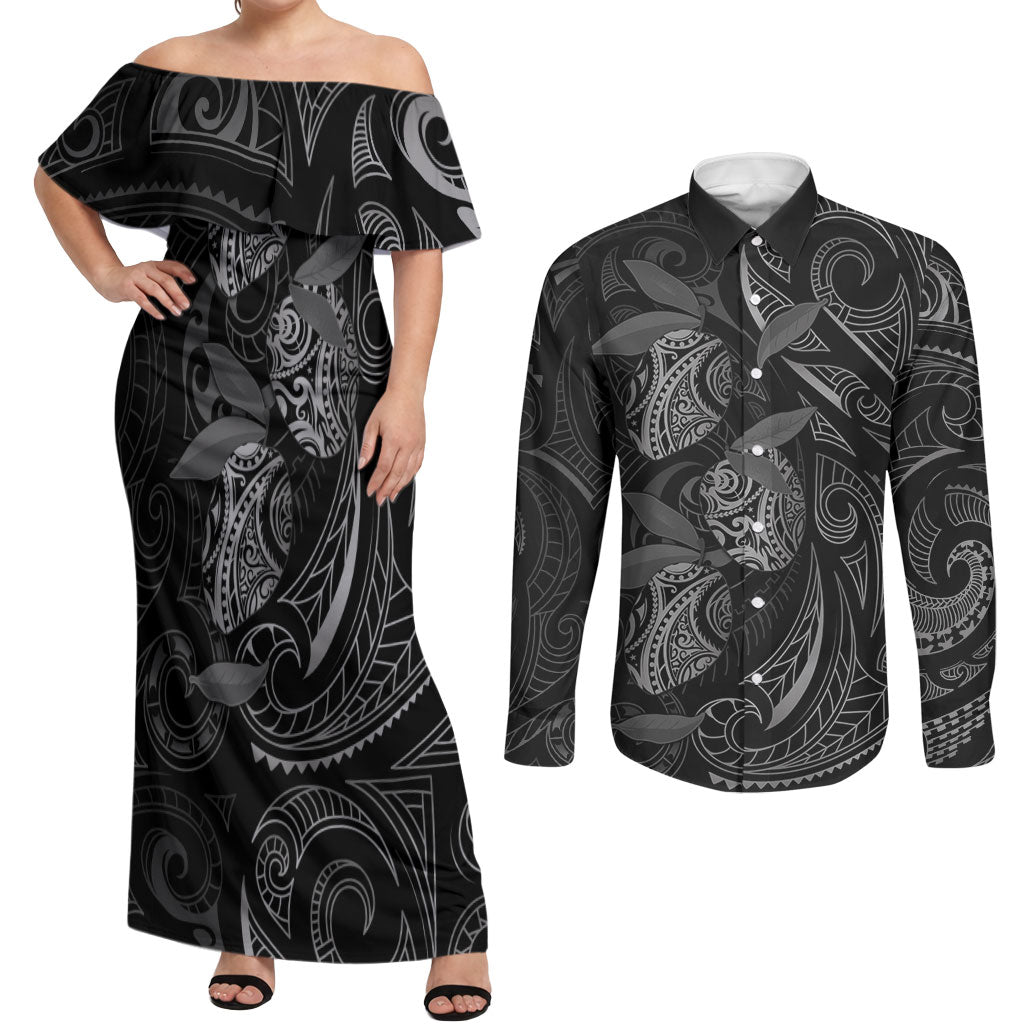 Hawaiian Mango Tribal Tattoo Couples Matching Off Shoulder Maxi Dress and Long Sleeve Button Shirt Black White Pacific Traditional Pattern LT9 Black - Polynesian Pride