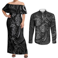 Hawaiian Mango Tribal Tattoo Couples Matching Off Shoulder Maxi Dress and Long Sleeve Button Shirt Black White Pacific Traditional Pattern LT9 Black - Polynesian Pride